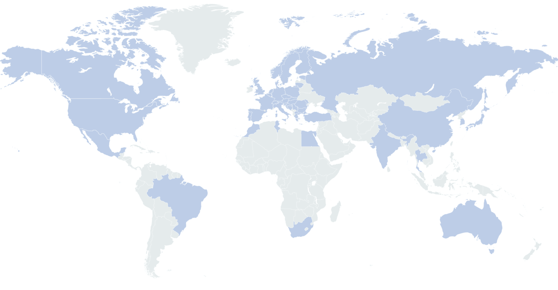 Weltkarte mit eingefärbten Ländern mit denen Topp Textil Kunden- oder Lieferantenbeziehungen unterhält.