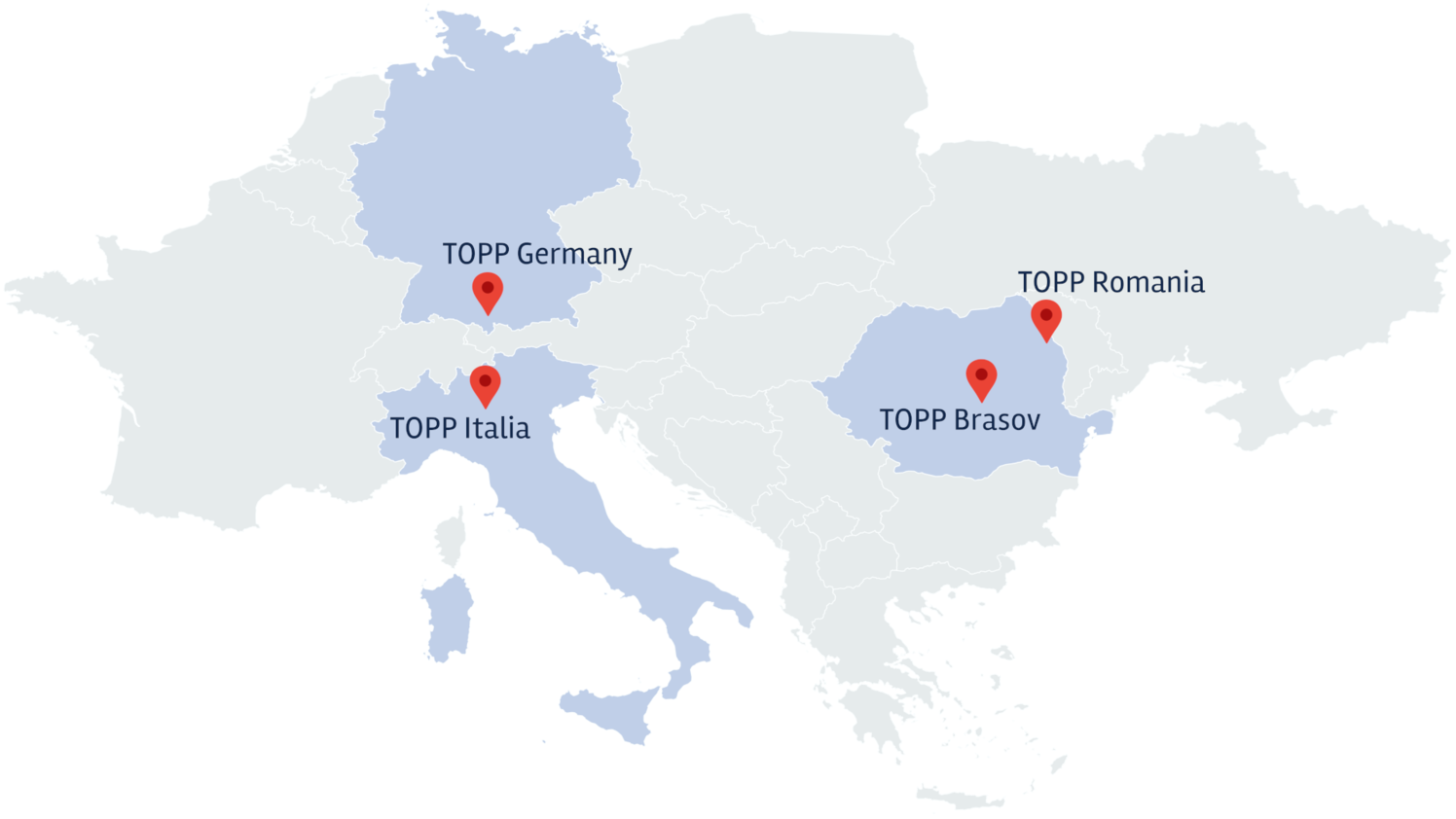 Europakarte mit den Standorten der Topp Gruppe in Deutschland Italien und Rumänien.